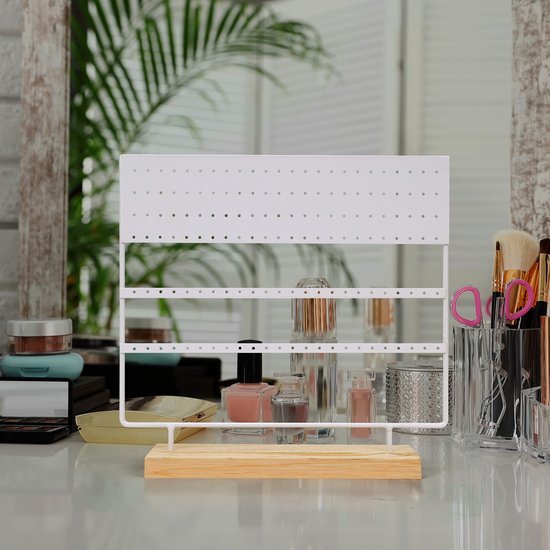 Belle Vous Wit Metalen Oorbel Organizer Sieraden Display Standaard met Houten Basis - 144 Gaten, 3 Lagen - Opslag Voor Hangende Oorbellen, Kettingen & Knopjes Houder Rek Voor Dames & Meisjes