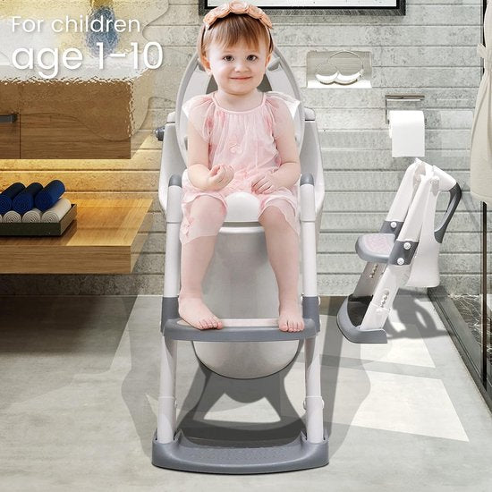 Toiletbril voor kinderen met trap, babypotje, toiletdeksel, wc-bril, kindertoilet, wit, potty training, toilet, toilettrap, toilettrainer, toiletopzetstuk, kinderen, toiletbril voor onderweg