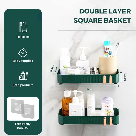Groene badkamerplank zonder boren, doucheplank. Kunststof opbergorganisator badkamer regenjas, keuken, toilet. Multifunctioneel zelfklevend plankje met 2 haken (2 planken)