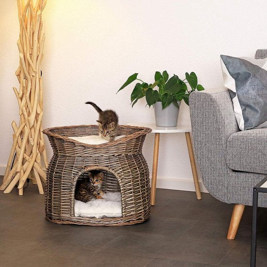 Rieten mand voor katten Cat cave Kattenmand met kussen 55x39x43 cm, grijs