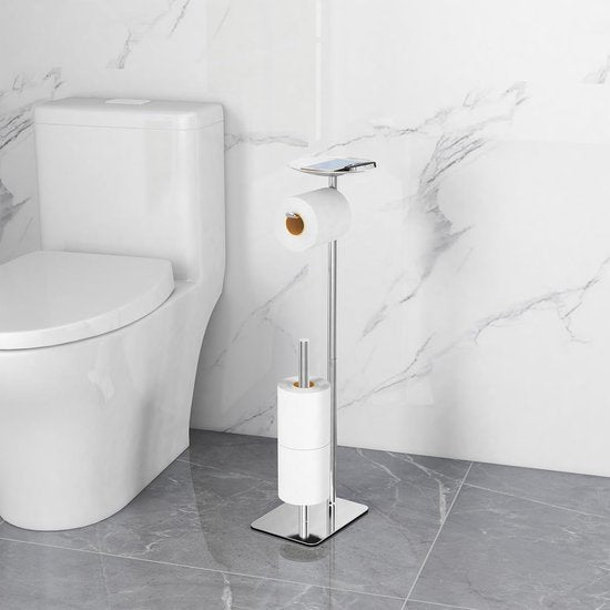 Freestanding Toilet Paper Holder with Reserve, 304 Stainless Steel Toilet Paper Dispenser Paper Roll Storage Rack for 4 Large Rolls, with Base Waterproof, Rustproof Modern Matt (Silver)