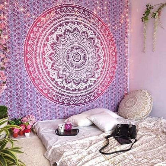 Indiase psychedelische Mandala Wandtapijt Roze Ombre, Boho Wandkleed Hippie, Indiase Wanddoek, Grote Katoenen Wandtapijten 210 x 220 cm.