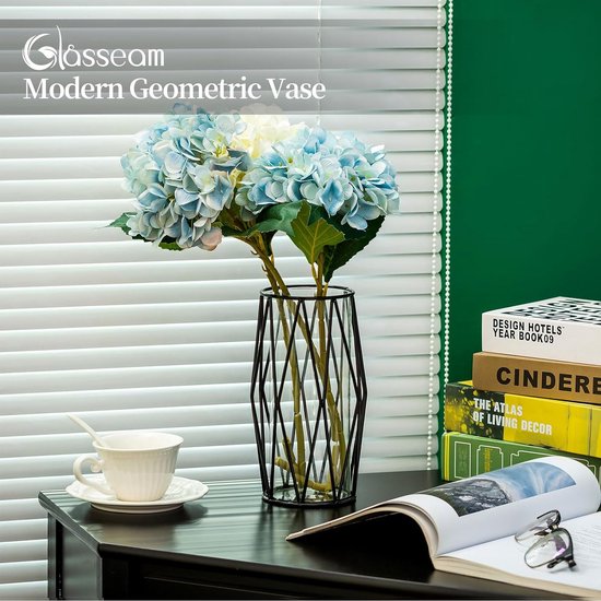 Glazen bloemenvaas met geometrische metalen plankstandaard, kristalheldere terrariumplantenbak, knopglasvazen voor bloemen, hydrocultuurplant, middelstuk voor bruiloft op thuiskantoor, zwart, 21,5 cm