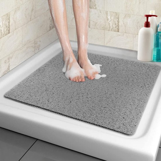 Douchemat, antislip 60 x 60 cm, zachte comfortabele veiligheidsbadmat met afvoergaten, PVC Loofah massagedouchematten voor natte ruimtes, sneldrogend (grijs, 60 x 60 cm)