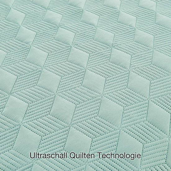 Sprei, beddensprei, 220 x 240 cm, mintgroen, microvezel sprei, quilt sprei, lichte deken, quilt ultrasoon genaaid, met 2 kussenslopen, diamantpatroon.