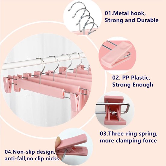 Pak van 10 rokhangers met sterke antislip verstelbare clipshaken, ruimtebesparende broekhangers voor het ophangen van broeken, sokken, rokken, jassen, roze