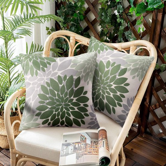 Kussenhoes 40 x 40 cm, lente, zomer, groen, waterdicht, bankkussen, sierkussen, kussenhoes, linnen, outdoor, kussen, bloemen, boho, decoratie, sierkussen voor bank, woonkamer, set van 2