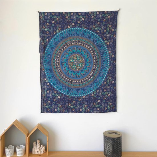 Mandala Wandtapijt - 100% Katoen, Kleurrijke, Oosterse Ontwerpen - Ideaal als Mandala Wandkleed, Indiase Stoffen Wandkleed en Boho Wandtapijt - Blauw, 77 x 102 cm