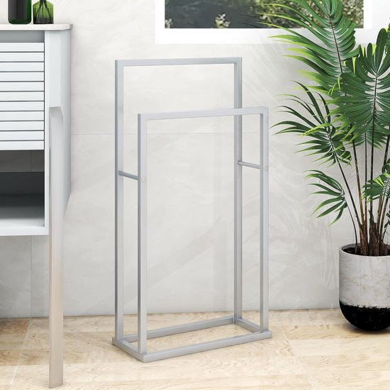 Handdoekhouder met 2 niveaus, metaal, industriële handdoekhouder, roosteroppervlak, voor badkamer, zilver