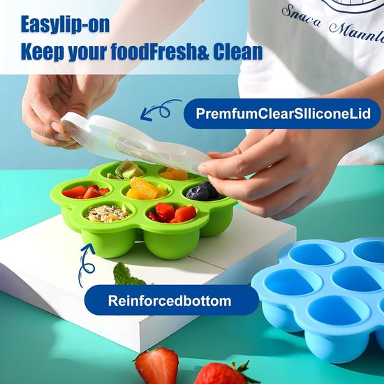 Siliconen babyvoedingcontainers 4-pack 7 compartimenten x 40 ml met 2 siliconenlepels voor eenvoudige zelfgemaakte voedselopslag BPA-vrij groen + blauw