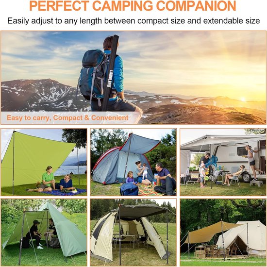 Tarpaulin Poles, Heavy Duty Tent Poles, Set of 2, Adjustable Aluminium Tent Poles for Tarps, Lightweight and Portable Telescopic Tarpaulin Poles for Camping, Hiking, Hammock etc. 4 Segments