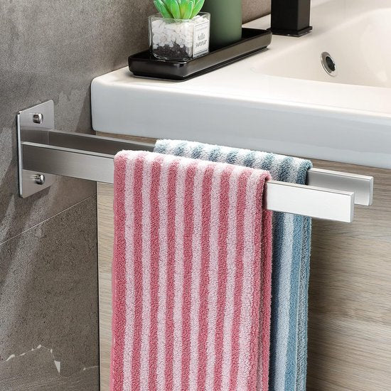 Towel Rail Drilling Stainless Steel Towel Rail Square Double Towel Holder Drilling Towel Holder Bathroom Kitchen Towel Holder Double Arm Bath Towel Holder Wall Silver 39 cm