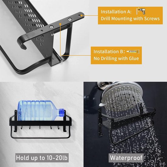 Doucheplank zonder boren, doucherek van ruimte aluminium, zelfklevend badkamerrek, douchemand en shampoohouder voor douche, badkamer en keuken (zwart, 30 cm).