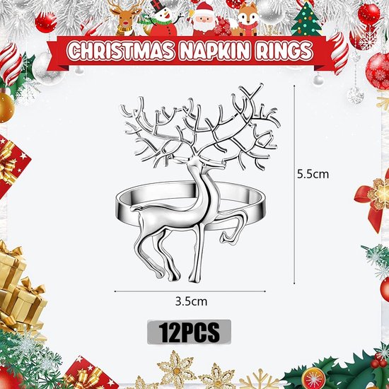 12 stuks kerstrendier servetringen, 6 cm zilveren eland servettenhouder rendier servettengesp voor Kerstmis, lunch, Thanksgiving, feest, vakantie, bruiloft, tafeldecoratie