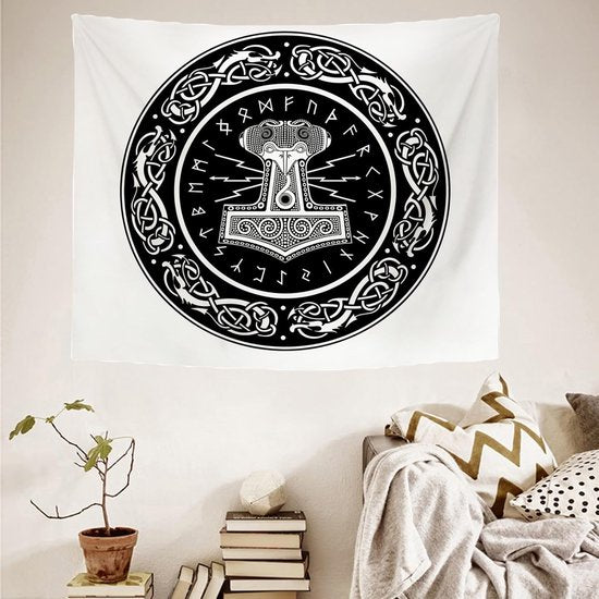Wandtapijt Thor's hamer Scandinavische meditatie runen dode wanddoek zwart Viking Tapestry Scandinavian Gothic wandkleed slaapzaal slaapkamer 150 x 130 cm