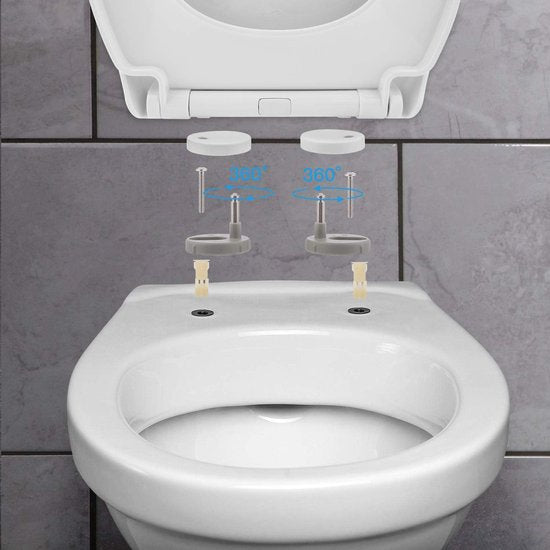 Toiletdeksel, toiletbril met softclose-mechanisme, snelontgrendelingsfunctie voor eenvoudige installatie en reiniging, O-vormige toiletbril met verstelbaar roestvrijstalen scharnier, wit (440x375x54mm)