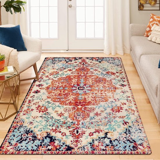 Boho bloemen medaillon tapijt voor de woonkamer, 120 x 180 cm. Oosters noodlijdend tapijt, groot, zacht, antislip, wasbaar en laagpolig tapijt voor de slaapkamer en eetkamer.