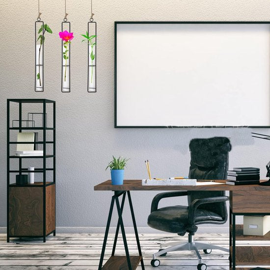 3 stuks glazen vaasjes van smeedijzer, fles reageerbuis voor bloemen, hangende metalen luchtplantenhouder, metalen strijkijzer, creatieve wandophanging, planten, glazen vazen voor