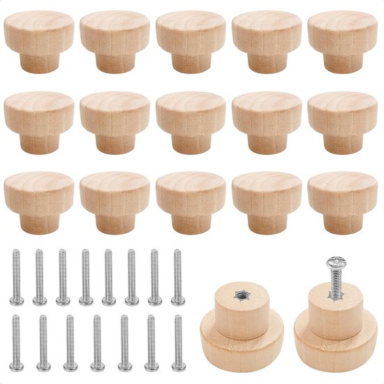 15 stuks meubelknoppen van hout, houten knoppen, commode, houten kastknoppen, knoppen voor kasten, hout, natuur, ladegrepen voor kasten en laden, ronde houten knoppen, rond, 25 x 35 mm.