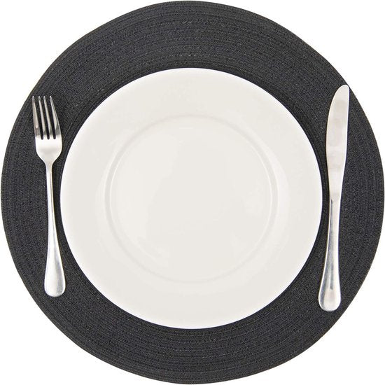 Set van 6 ronde geweven placemats, zwart, katoen, hittebestendig, wasbaar, antislip, voor keuken, feest