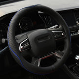 Stuurhoes voor de auto, microvezel, leer, universele maat 37-39 cm, antislip, zwart met blauwe lijn