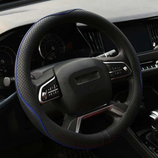 Stuurhoes voor de auto, microvezel, leer, universele maat 37-39 cm, antislip, zwart met blauwe lijn