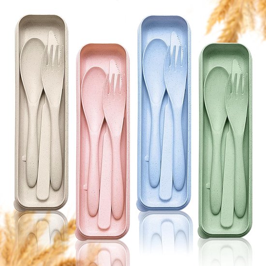 4-delige bestekset, plastic bestek herbruikbare set, campingbestek met koffer, reisbestek met koffer, reisbestek lepel mes vork eetstokjes koffer voor lunchbox, school, picknick, camping, reizen