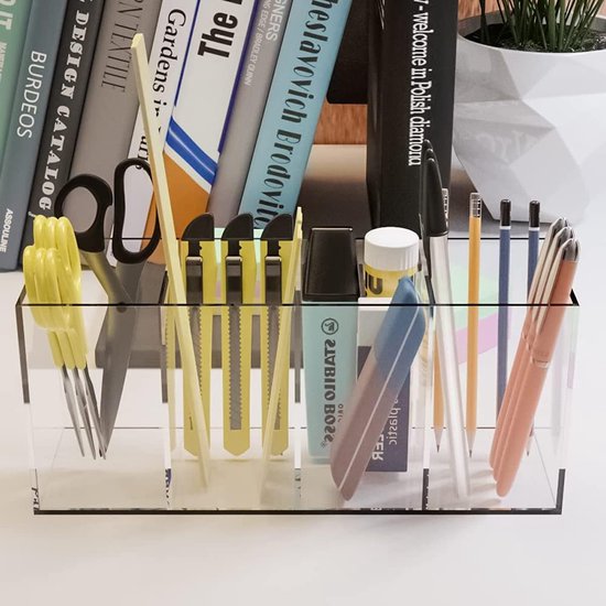 Cosmetica-organizer, houder, opbergkwast, acryl, kwastenhouder, cosmetica, make-uporganizer met 4 vakken, transparante pennenhouder voor kwasten, pennen, make-upspullen, kantoorartikelen