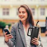 Beker met handvat en rietje, 1200 ml, dubbelwandig, vacuüm, roestvrij staal, draagbare autobeker, reisfles, koffiebeker voor onderweg of kantoor, houdt koffie thee urenlang warm of koud