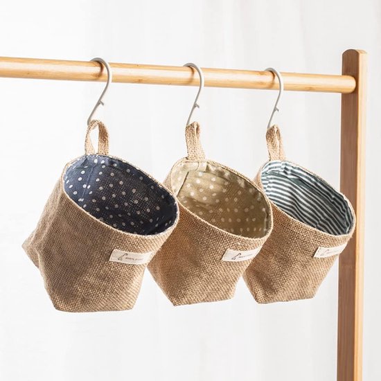 Pack of 4 Hanging Bags, Cotton Linen Wall Hanging, Foldable Storage Baskets, Waterproof Hanging Wall Mounted Organiser with S Handle and J Hook for Small Items, Keys, Flower Pot