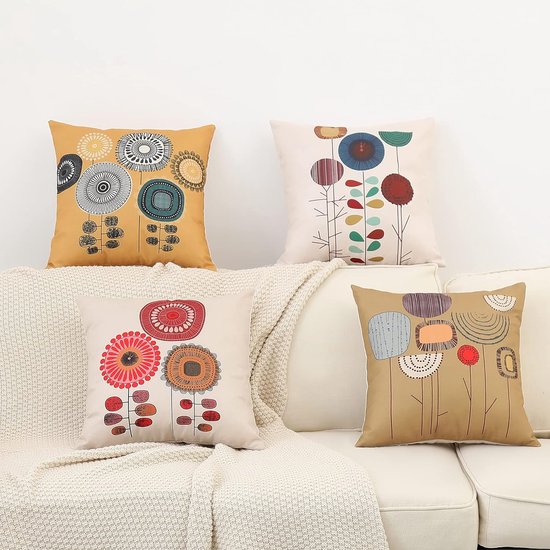 Kussensloop 45 x 45 cm, boho-kussenslopen, set van 4, decoratieve kussenslopen voor bank, kantoor, auto, slaapkamer, thuis, decoratie (bloemen-linnen)