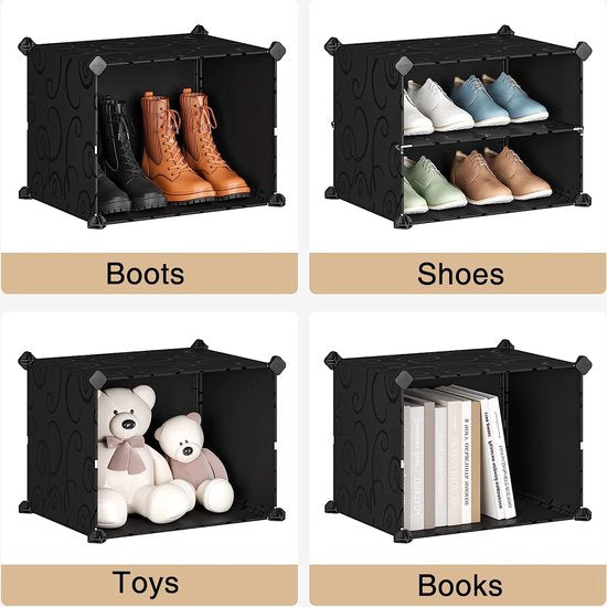 Schoenenrek, kastorganizer, kast slaapkamer, schoenenrek, reksysteem, stapelbaar, schoenenkast, voor hal, slaapkamer, ingang, zwart met transparante deuren (2 x 4)