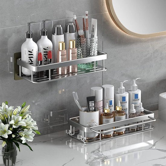 Doucheplank zonder boren, doucheplank met haken, handdoekhouder, aluminium, zonder sporen achter te laten, zelfklevende doucheplanken met 2 haken, voor keuken, badkamer, douchemand om op te hangen, 2