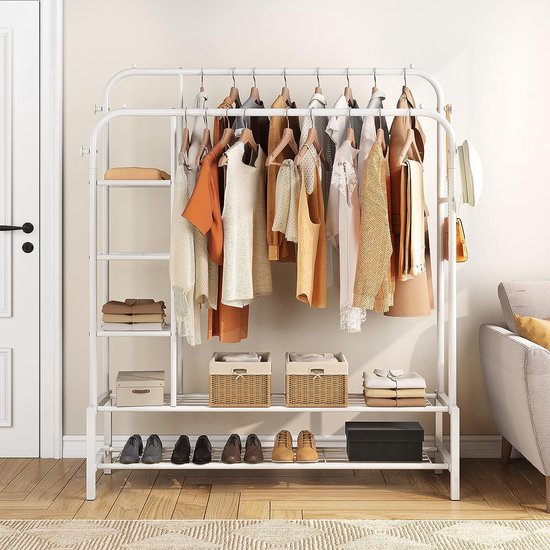 Kledingrek, multifunctionele kapstok van metaal met 3 lagen zijplanken, 2 lagen vloerplanken en 4 haken, geschikt voor kleding, tassen en schoenen