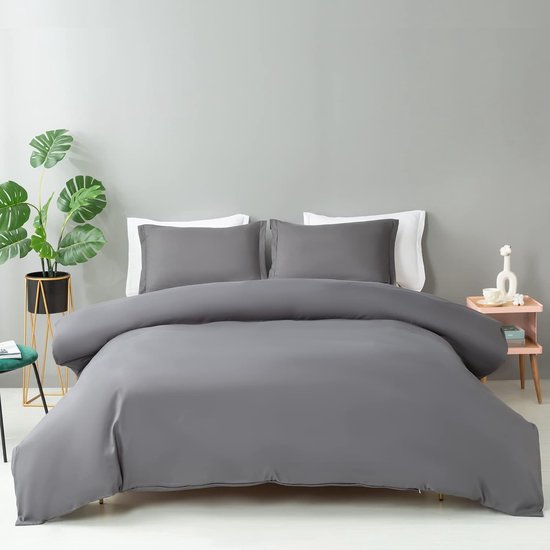 Antraciet dekbedovertrek 220 x 240 cm, 3 stuks, 100% gewassen microvezel, zachte vaste kleur, winter beddengoedset met hoekbindingen en ritssluiting, bevat 1 dekbedovertrek en 2 kussenslopen