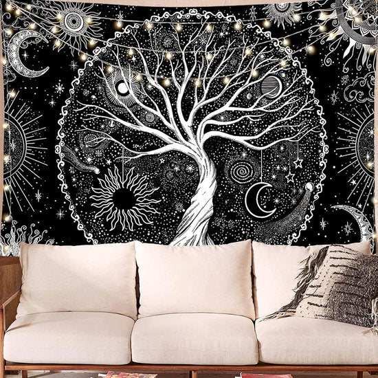Tree of Life Tapestry Black White Sun Moon Tapestry Galaxy Space Tapestry Black Aesthetic Tapestry Wall Hanging for Bedroom M/130cmx150cm