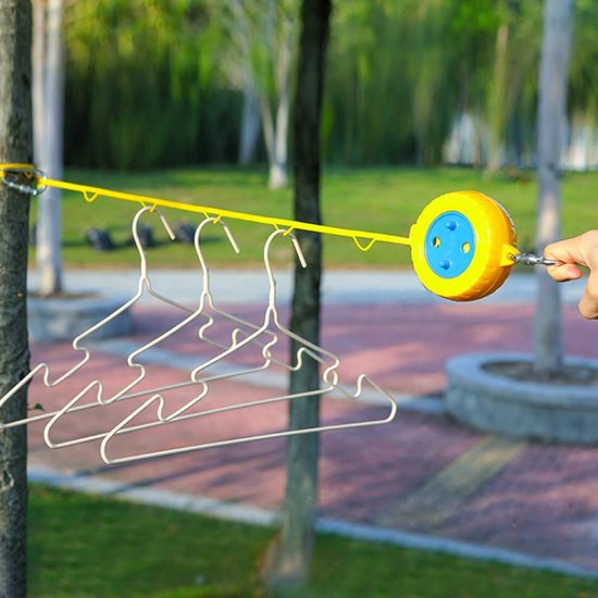 Intrecbare waslijn, 8 m, 185 g, winddicht, geen nodig voor kleding om vast te zetten, te wassen, verwijderbare hangrek voor irritant, outdoor, camping, thuis, hotel, slaapzaal, outdoor drogen (geel)