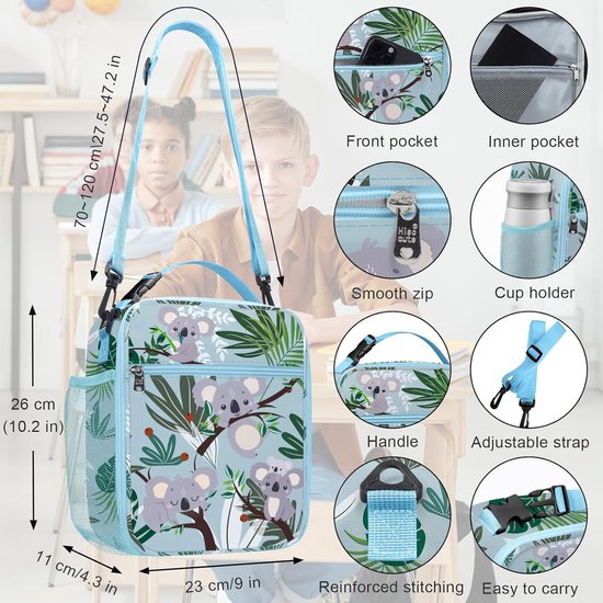 Kleine geïsoleerde lunchtas voor kinderen, meisjes en jongens, grote draagbare lunchtas voor picknick, scholen, lichte koeltas met flessenhouder, lekvrij, tasriem, groene koala's