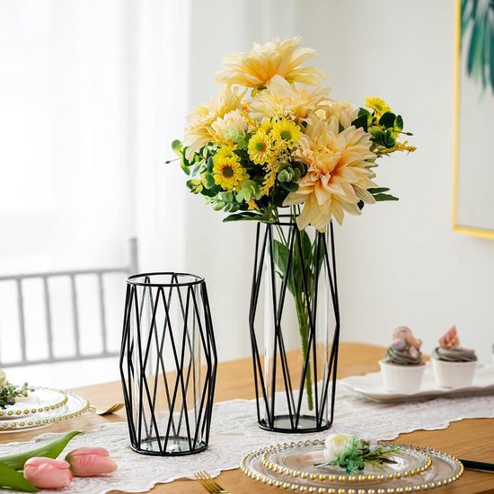 Decoratieve glazen bloemenvaas van glas met metalen standaard met hoogwaardige schilderkunst