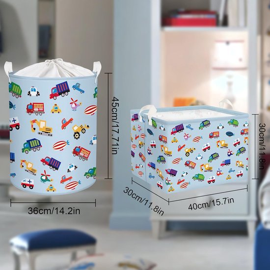 Blauw voertuig vrachtwagen jongen kubus opbergmand voor babykamer graafmachine auto waterdichte rechthoekige stof plankmanden kleding speelgoed kinderen opbergdoos, 40 x 30 x 30 cm