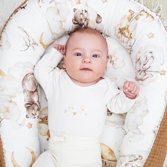 Babynestje voor pasgeborenen baby's, 90 x 50 cm, handgemaakte cocon, dubbelzijdig van katoen, wafel met babynestje, sluimerbeer, lichtbruin