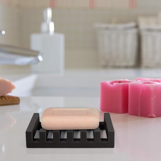 Set van 2 lange siliconen zeepbakjes, droogdesign zeepbakje, met zelflozende afvoer zeepbakje, voor keuken, doucheruimte, badkamer (zwart)