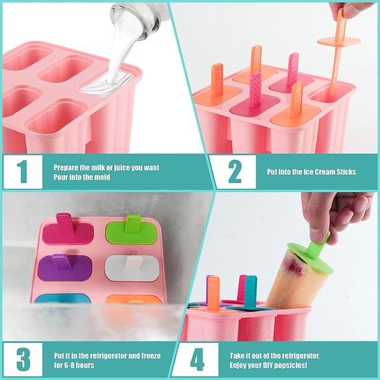 IJsvormen, siliconen, ijslolly vormen, 6 gaten popsicle set, LFGB-getest en BPA-vrij, geschikt voor levensmiddelen, ijs-pop-maker, ijslolly mold met sticks en druppelbescherming (roze)