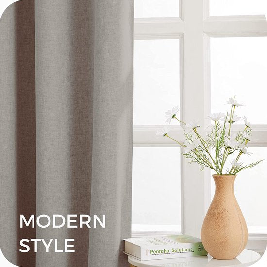 Set van 2 verduisteringsgordijnen, ondoorzichtige gordijnen met ringen, beige, 145 x 132 cm (h x b), thermogordijn, linnen, kort, voor woonkamer, kinderkamer, slaapkamer, set van 2