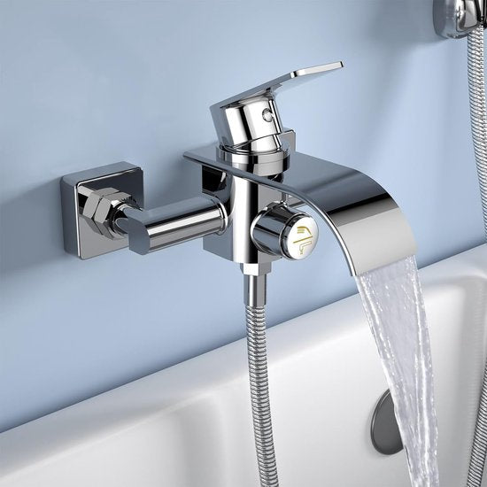 Badkuipkraan, waterval, waterkraan, badkuip, mengkraan met drukschakelaar, eenhandsbadarmatuur van messing, badarmatuur, opbouwbadkraan voor badkamer, chroom