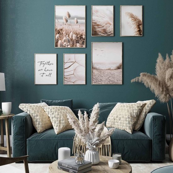 Premium posterset zonder fotolijst | 2 x DIN A3 & 4 x DIN A4 - ca. 30x42 & 21x30 | Stijlvolle postercollages met bijpassende prints als wanddecoratie » Oplettend Beige Strand «