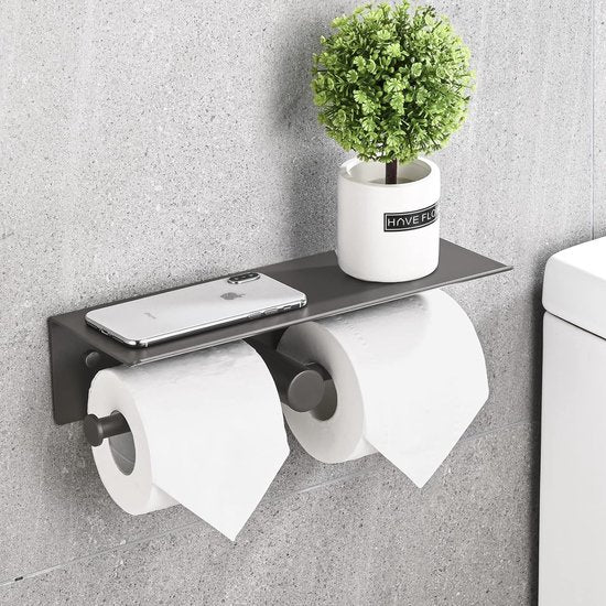 Toiletpapierhouder zonder boren, wc-papierhouder met plank, zelfklevende wandmontage, aluminium dubbele toiletrolhouder, wc-papierhouder, papierrolhouder voor badkamer, 31 cm, grijs