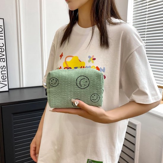 Cosmetische tas corduroy kleine toilettas dames kleine make-uptas met glimlach koord cosmeticatas dames corduroy cosmeticatas reizen cosmeticatas voor reizen meisjes dames, Groen 2