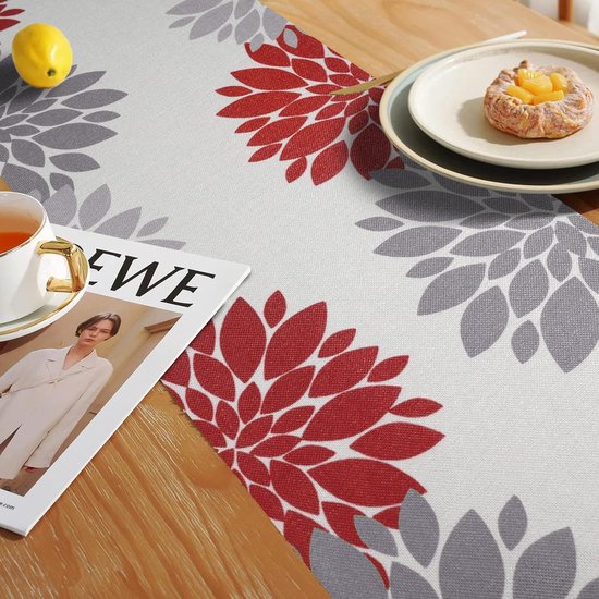 Table Runner Christmas Modern Red Grey Table Runner Double Durable Dahlia Floral Table Mats Runner for Dining Table Wedding Gift Party Wedding Table Runner Linen 40 x 140 cm