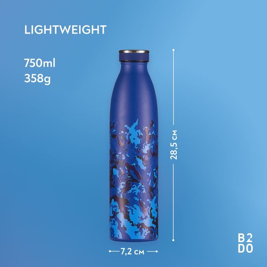 B2DO Drinkfles, roestvrij staal, 750 ml, Marineblauw, herbruikbare vacuüm-metalen thermoskan, lekvrije geïsoleerde thermosfles, BPA-vrije thermosfles voor sport,